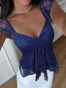 SHEIN EZwear 女士藏蓝色蕾丝荷叶边下摆甜心领短袖优雅T恤 - 寶藍色 - 查看 3