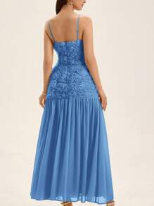 GENKIRA Vestido elegante y sofisticado para fiesta, con tela texturizada de rosa amarilla, empalmado, bajo de color block en chifón, de estilo romántico - Azul - Ver 2