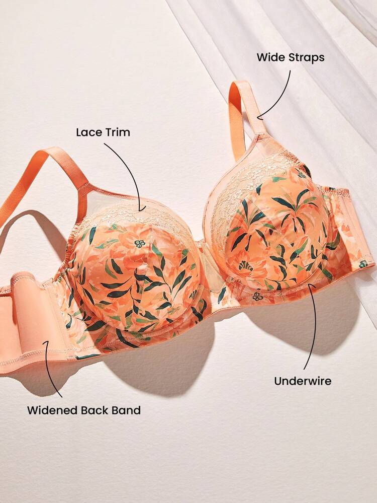 Plus Full Coverage Unlined Mesh & Lace Bra