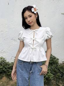 SHEIN 少女休闲简约舒适圆领泡泡袖格子蝴蝶结衬衫