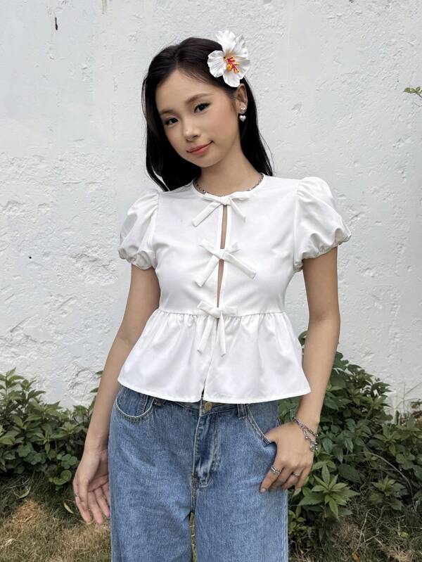 SHEIN Blusa holgada con cuello redondo, mangas abullonadas, estampado de cuadros y lazo para niñas adolescentes, estilo minimalista y cómodo