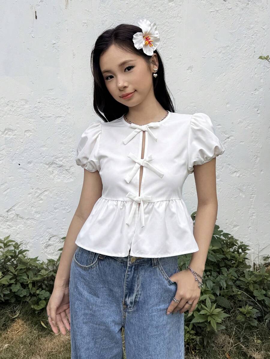 SHEIN 少女休闲简约舒适圆领泡泡袖格子蝴蝶结衬衫