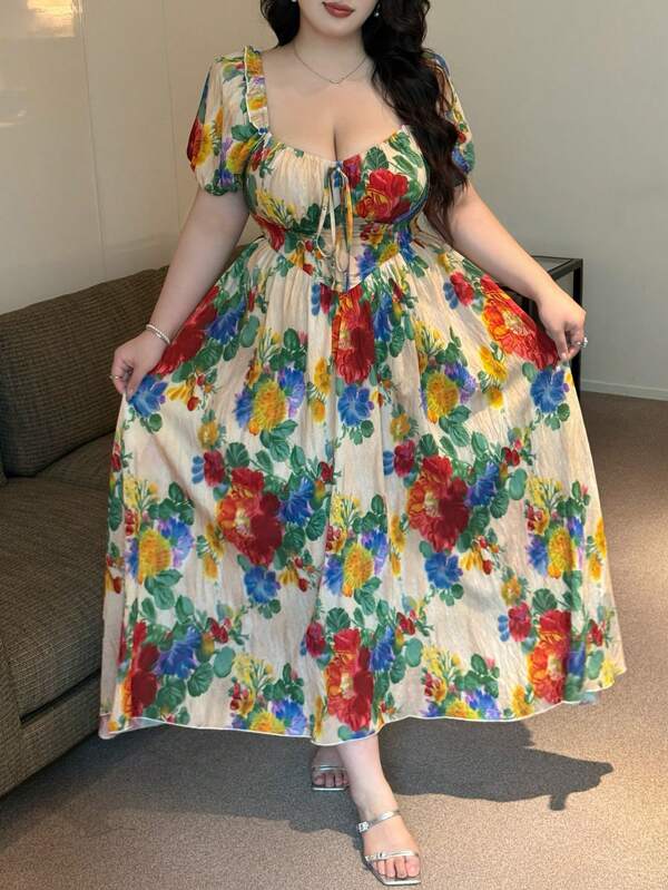 Vibekara Elegante vestido estilo A con mangas abullonadas, estampado de pintura "efecto dopamina" de estilo francés vintage colorido, hombros descubiertos, fruncido en la cintura para estilizar la figura, adecuado para vacaciones, playa, vestido de día