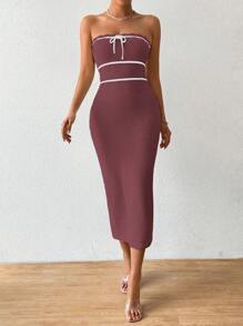 Chiquease 秋冬女士针织露肩连衣裙，性感高开叉连衣裙，度假风 - 巧克力棕 - 查看 6