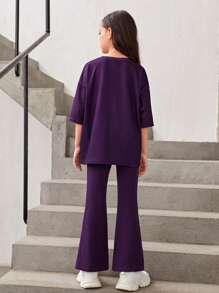 SHEIN Leap Crew 女大童人像圖案落肩T恤&喇叭褲 - 紫色 - 查看 4