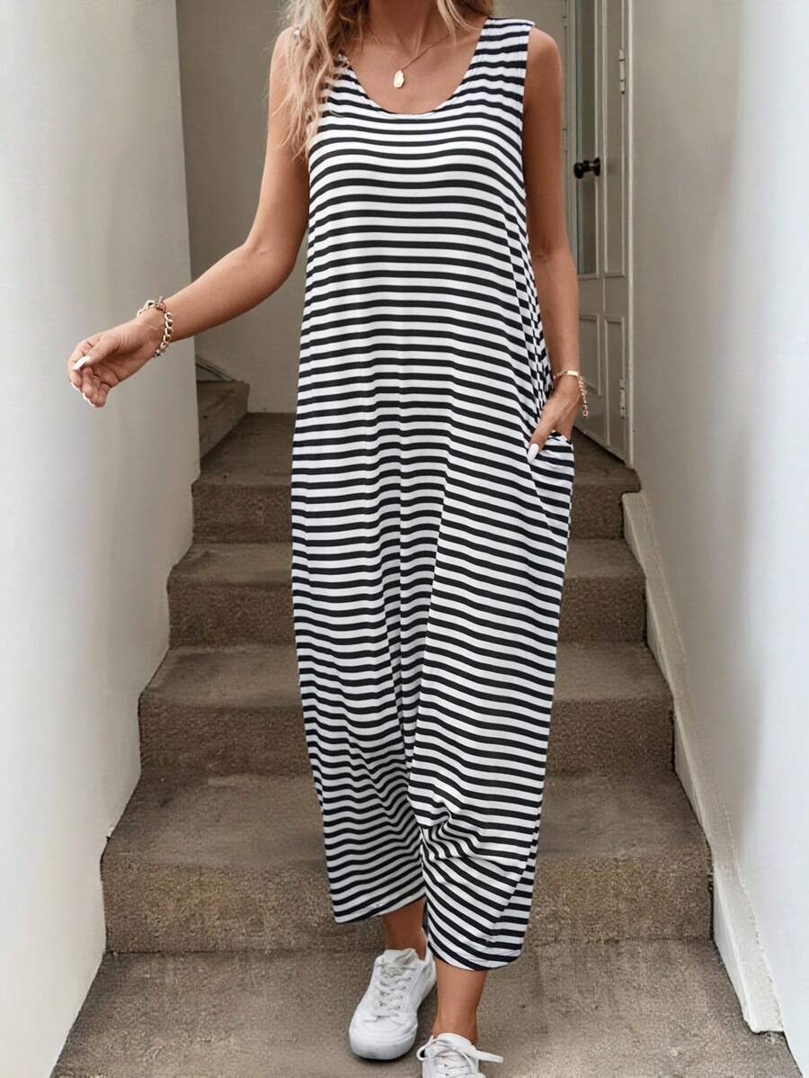 SHEIN LUNE 條紋印花斜口袋無袖連體褲 - 黑與白 - 查看 1