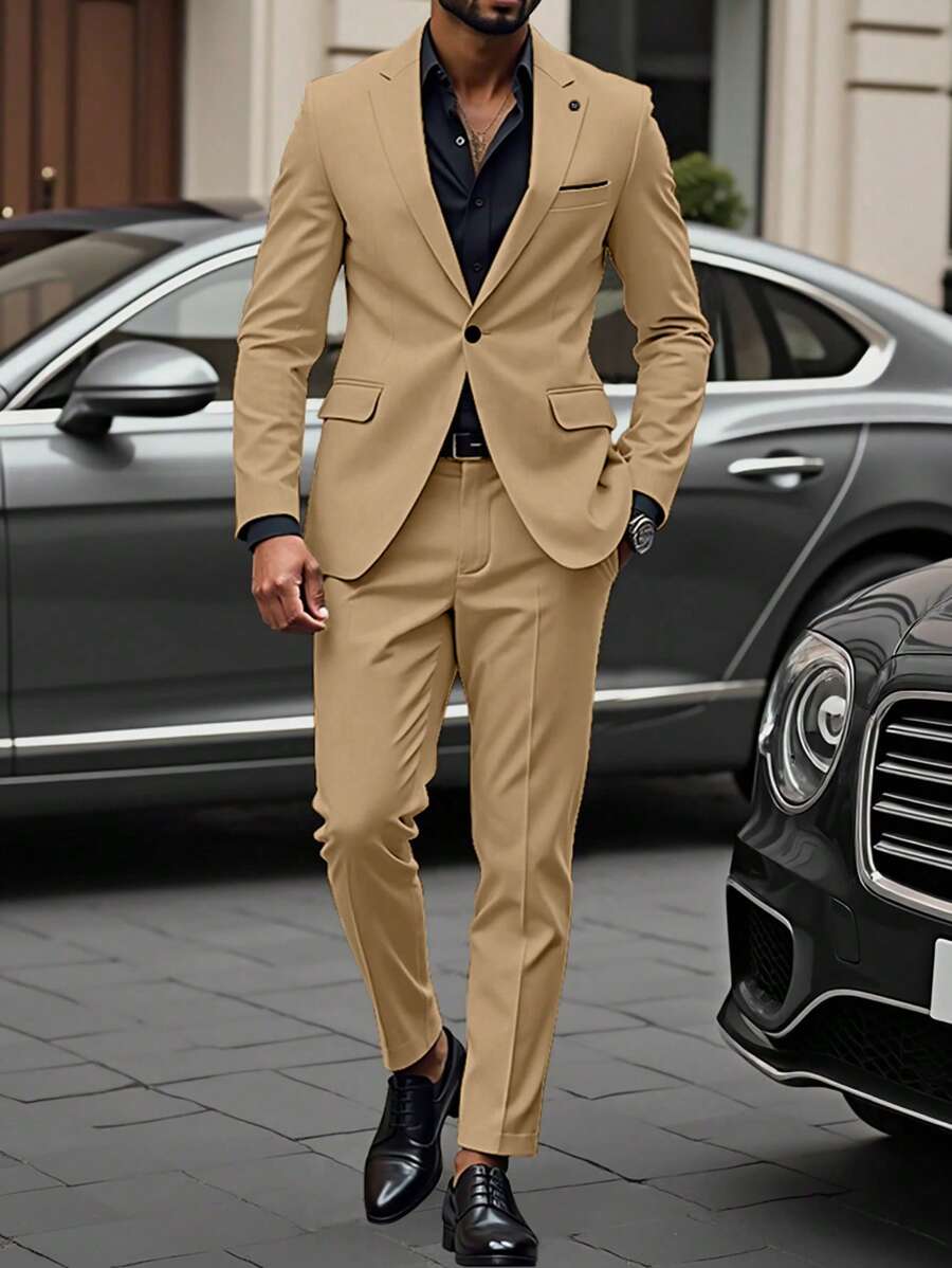 Manfinity Mode Conjunto de chaqueta y pantalones de unicolor para hombre - Caqui - Ver 1