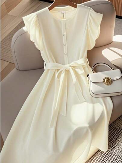 Franclia 时尚法式优雅高端度假通勤百搭款圆领盖袖松紧腰带珍珠纽扣装饰舒适无弹力杏色女士春夏中长款连衣裙夏装简约连衣裙女装夏装