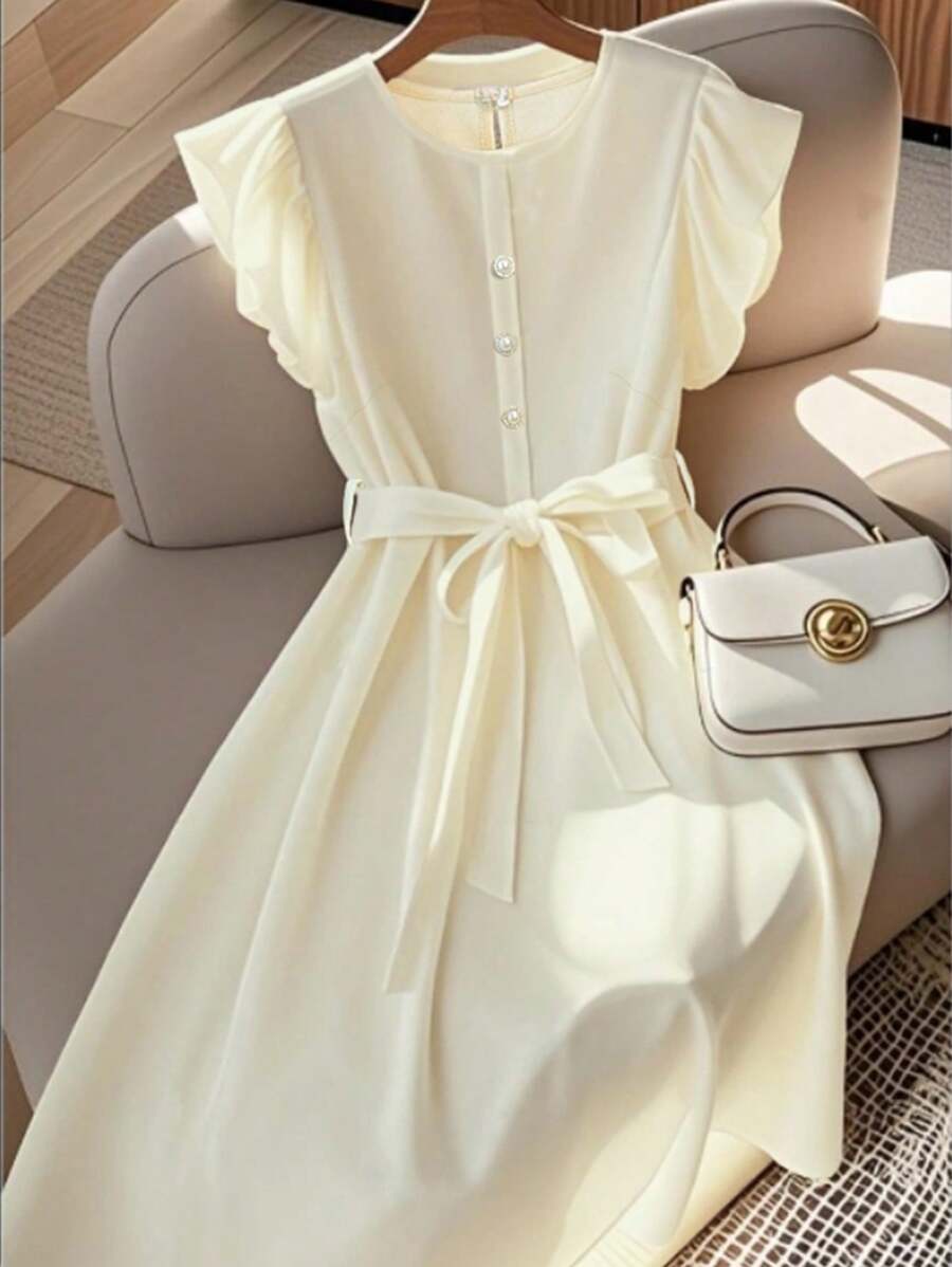 Franclia 时尚法式优雅高端度假通勤百搭款圆领盖袖松紧腰带珍珠纽扣装饰舒适无弹力杏色女士春夏中长款连衣裙夏装简约连衣裙女装夏装 - 杏色 - 查看 1