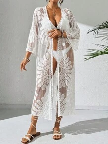 Swim Vcay 女士度假花卉印花露肩透视和服罩衫 - 白色 - 查看 4