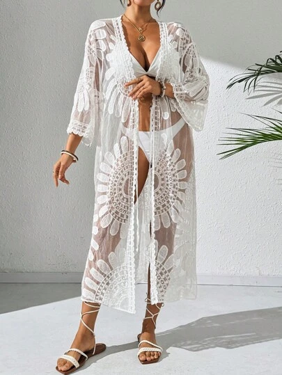 Swim Vcay Women's Resort Floral Printed Sheer Kimono Cover Up With Drop Shoulder For Summer Beach Vacation