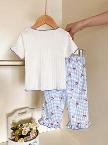 SHEIN Playful Pals 2pcs Baby/Toddler Girls Spring/Summer Cute Graphic Cherry Embroidery Short Sleeve T-Shirt And Plaid Pants Set, 0-3 Years - Blue - View 3