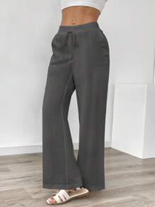 SHEIN PETITE Pantalones de lino casuales y elegantes para vacaciones de mujer - Gris Oscuro - Ver 6