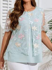 EMERY ROSE Plus Size Women Floral Embroidered Mesh Round Neck Short Sleeve Fashion Blouse, Tunic Top,Summer,Going Out Tops Women,Summers For Women,Country Concert,Vacation Tops,Bohemian Clothes,Countrys Women,Teachers For Women,Business Casual Women,Fall Women Clothes