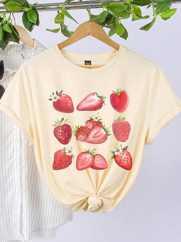 Calvaya Un tricou cu mâneci scurte cu gât rotund, cu modele de căpșuni și litere, potrivit pentru primăvară și vară