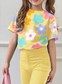 SHEIN 2 件套：女孩休闲卡通图案圆领短袖上衣和喇叭裤套装，适合夏季 - 彩色 - 查看 3