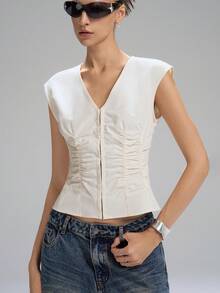 LYSMO 2026 New Arrive Minimalism Spring/Summer  Sleeveless Gathered Poplin Shirt, Everyday Simple Commuting Cream Tops For Women Ruched Top - Apricot - View 6