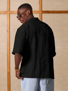SUMWON Textured Short Sleeve Button Down Regular Fit Summer Vacation Resort Shirt Casual Holiday Beach Lounge Wear - Black - View 4