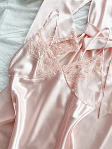 SilkySpell Women's Elegant Embroidered Lace Cami Top & Sleep Dress & Pants & Sleepwear Belted Robe Multi Pieces Set, Fall Winter Clothes - Baby Pink - View 6