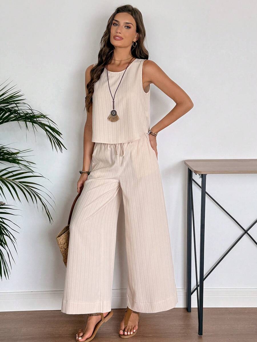 EMERY ROSE Women Solid Color Round Neck Short Sleeve Top And Flower Print Wide Leg Pants Set For Summer Two Pieces Outfits - Khaki - View 1