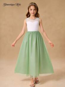SHEIN Glamorique Kids Ärmeloses Mädchen Netz-Mesh Kleid, geeignet für Party, Zusammenkünfte, Alltagsmode, präsentiert einen frischen & eleganten Stil - Grün - Übersicht 1