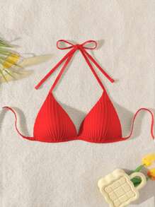 SHEIN Swim 女士纯色露背性感红色比基尼上衣，夏日海滩 - 紅色 - 查看 3