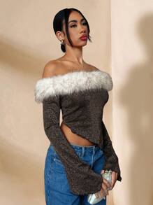 Glamine Ensemble de vêtements vintage pour le Nouvel An Élégant manteau de fourrure et garniture métallique Manches évasées Ourlet asymétrique Col tee-shirt à manches longues pour femme pour les fêtes d'hiver, Tenue de luxe pour soirée, Top pailleté automne/hiver pour les tenues de fête de Noël