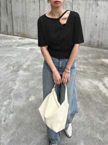 FRIFUL Bluze tricotate cu mânecă scurtă, de culoare solidă, pentru femei, casual, de vacanță, pentru vară - Negru - Vizualizare 2