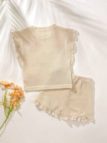 SHEIN Playful Pals 2 pièces Ensemble débardeur et short pour bébé fille de 0 à 3 ans, style printemps-été décontracté avec fleurs 3D, motif gaufré et grille en tricot crocheté - Blanc - Voir 2