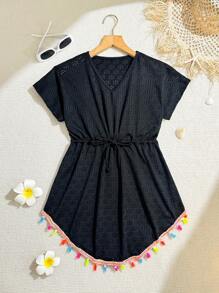 SHEIN Tween Girl V-Neck Batwing Short Sleeve Romper Swimsuit Cover Up Bathing Suit Cover Up Beach Cover Up Beach Clothes Tassel Cover Up - Black - View 6
