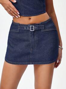 Jeanoix Váy denim cạp thấp mini cài nút giản dị cho nữ dạo phố - Rửa tối - Xem 3