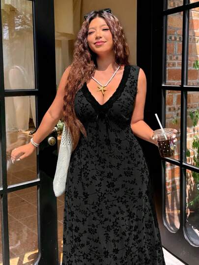 SHEIN EZwear 大码女式夏季植物花卉蕾丝拼布休闲度假网眼长裙