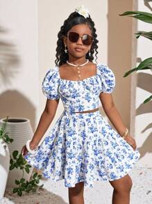 青少年女孩休闲夏季复古碎花泡泡袖短袖方领后背装饰蝴蝶结衬衫和多层荷叶边下摆印花裙 2 件套