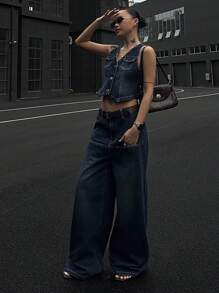 DAZY Women's Denim Vest And Pants 2-Piece Set, Spring/Summer - Navy Blue - View 4