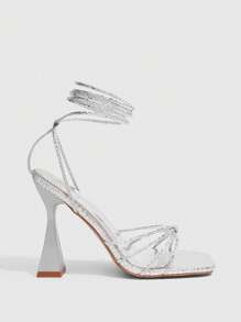 CUCCOO SZL Women Metallic Strap Buckle Square Toe Thick Heel Sexy Chic High Heel Sandals - Silver - View 9
