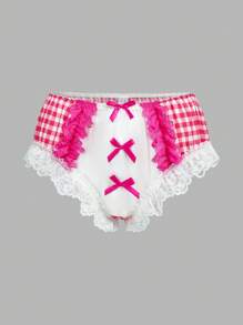 NotGurli Bragas triangulares de mujer a cuadros, color contrastado, con lazo, con adorno de encaje, con volantes, de talle alto, de popelina, lindas, traviesas