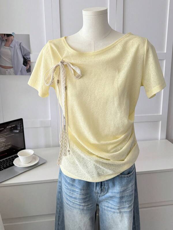 DAZY Tricou de vară galben crem casual stil vacanță gol dantelă panglică patchwork bowknot up decorare navetist mânecă scurtă pentru femei