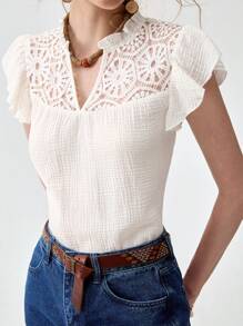 Florisole Bohemian Lace Patchwork Cap Sleeve Women Blouse - White - View 7