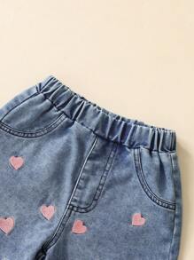 2 件套女童可爱罗纹针织荷叶边吊带背心和心形刺绣牛仔裤，适合旅行、派对、学校和任何场合 - 彩色 - 查看 7