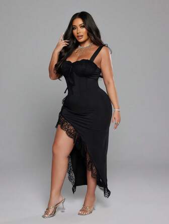 NU&NOW Plus Size Women Solid Color Lace Patchwork Sexy Elegant Slit Bodycon Cami Dress