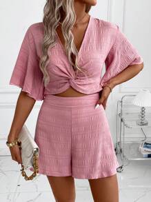 SHEIN Clasi Women's Twist V-Neck Short Sleeve Top And Shorts Set, Textured Fabric, Elegant Daily Wear, Sexy Vacation, Spring/Summer