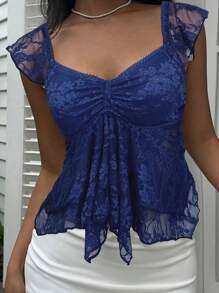 SHEIN EZwear 女士藏蓝色蕾丝荷叶边下摆甜心领短袖优雅T恤 - 寶藍色 - 查看 4