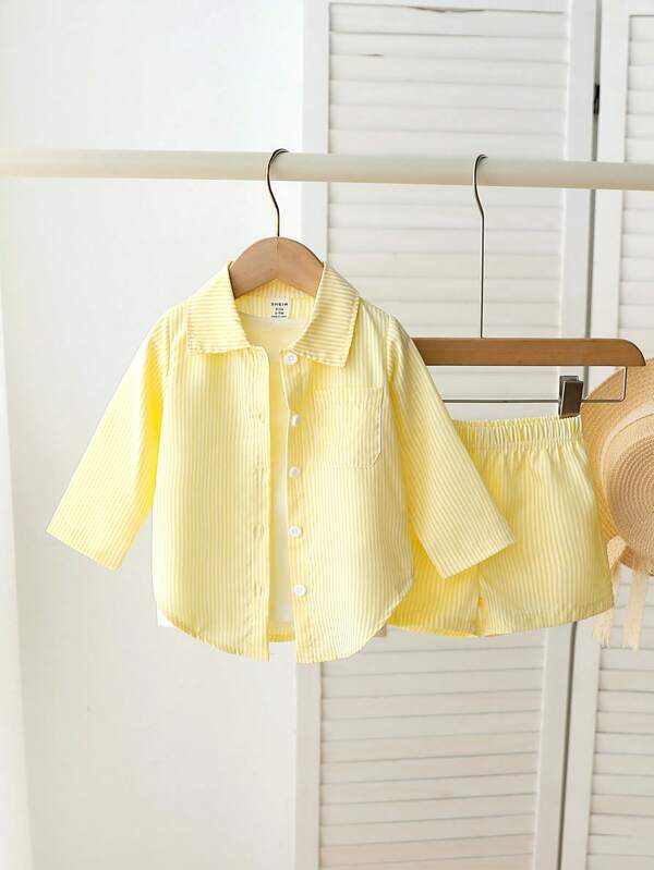 SHEIN 2pcs Korean Style /Baby Girl Pink Striped Long Sleeve Shirt And Striped Shorts Set, Casual Outfit For Holiday Trips And Photo Shoots, Summer Yellow Baby Outfit Yellow Dresses For Baby S Yellow Dress For Baby Girl Yellow Dress Baby Girl Yellow Dress Baby Fall Winter