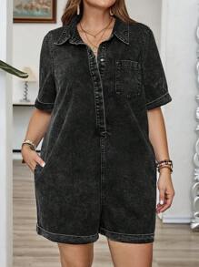 EMERY ROSE Plus Size Casual Washed Denim Romper - Blue - View 1