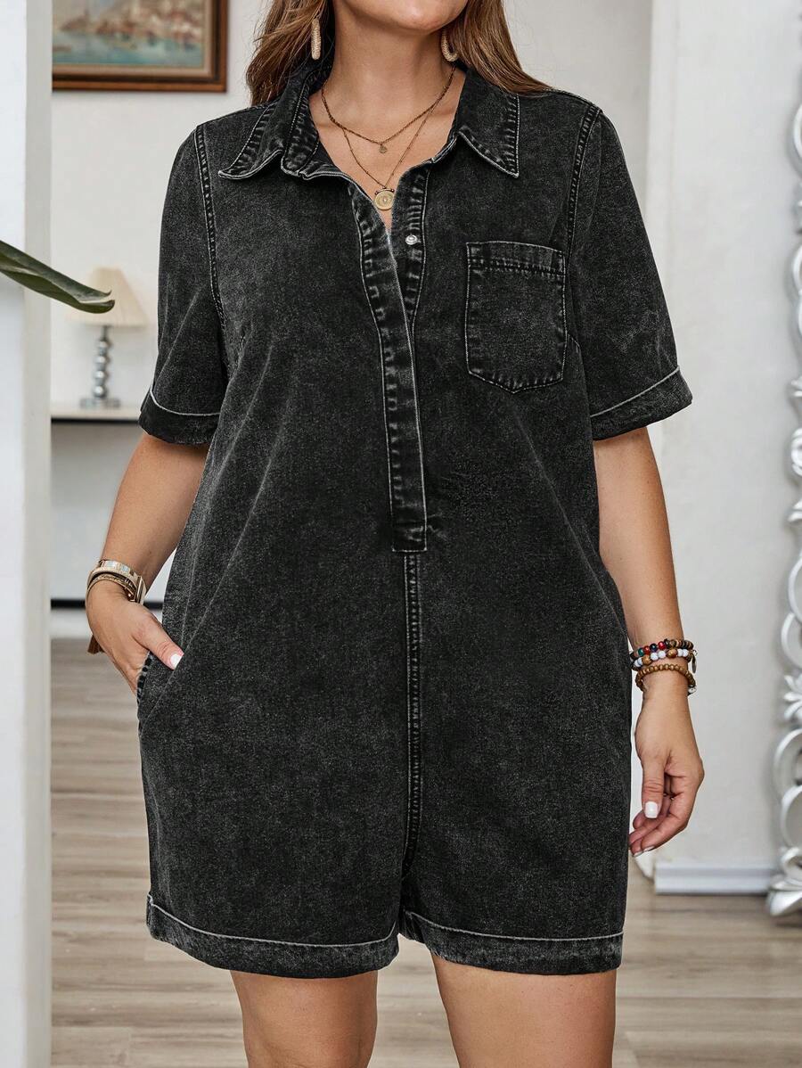 EMERY ROSE Plus Size Casual Washed Denim Romper - Blue - View 1