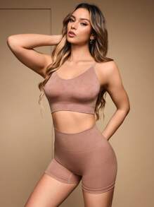 SHEIN 女士纯色蝴蝶提花吊带背心和短裤塑身衣套装