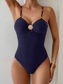 Swim Chiccia 女士夏季度假休闲沙滩纯咖啡色连体泳衣优雅 - 藏蓝色 - 查看 3