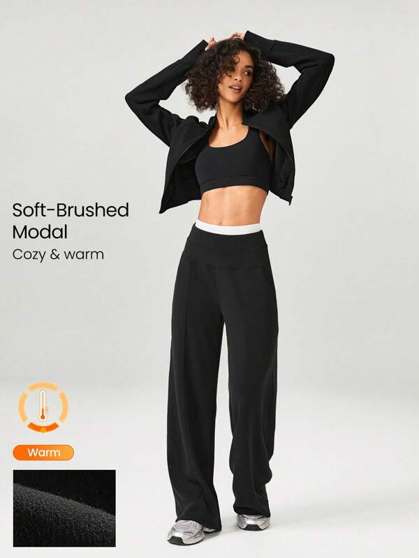 GLOWMODE 30'' Modal Fleece Wide Leg High Waist Adjustable Drawstring Waist Joggers Pants With Side Pockets Daily Casual Fall Winter