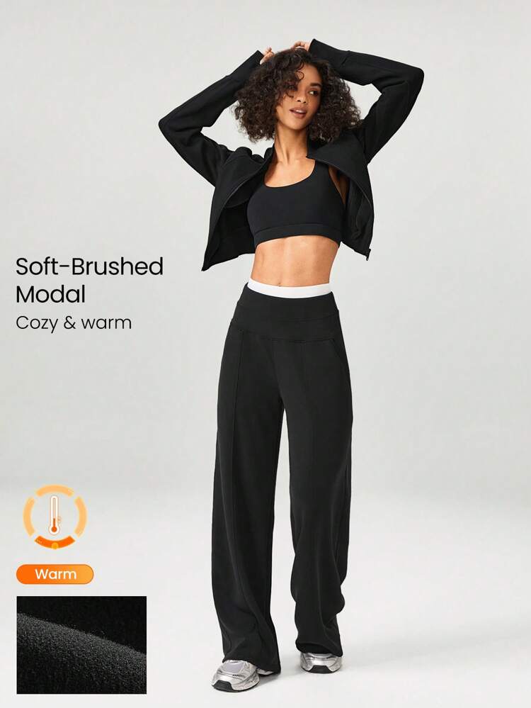 30'' Modal Fleece Wide Leg High Waist Adjustable Drawstring Waist Joggers Pants With Side Pockets Daily Casual Fall Winter