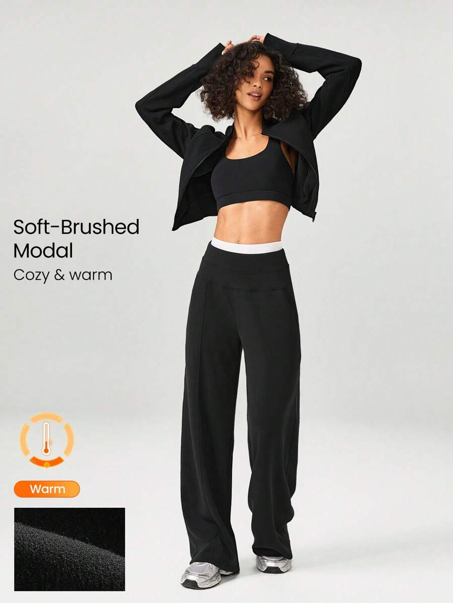 GLOWMODE 30 英寸莫代尔羊毛宽腿高腰可调节抽绳腰裤带侧袋日常休闲